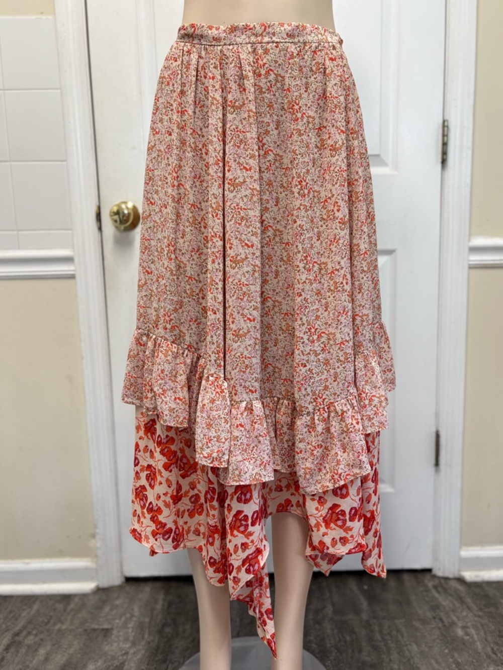 Free People Zuma Drippy Floral Handkerchief Ruffle Midi Skirt Size 6 Boho Prarie